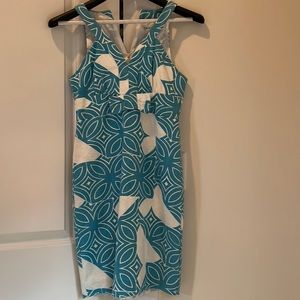Trina Turk brand a blue white summer dress.